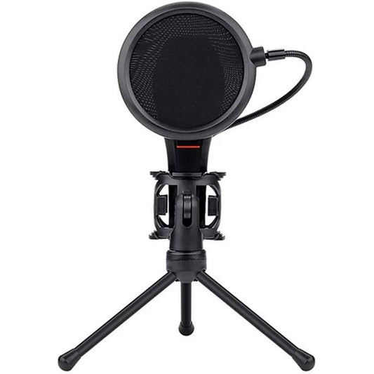 Black pop filter on a stand with a white background