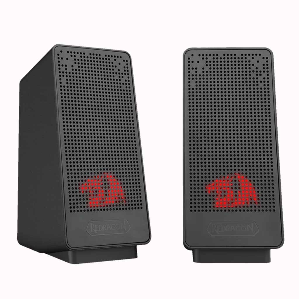 Pair of black Redragon GS513 Ranch speakers with red illuminated logos