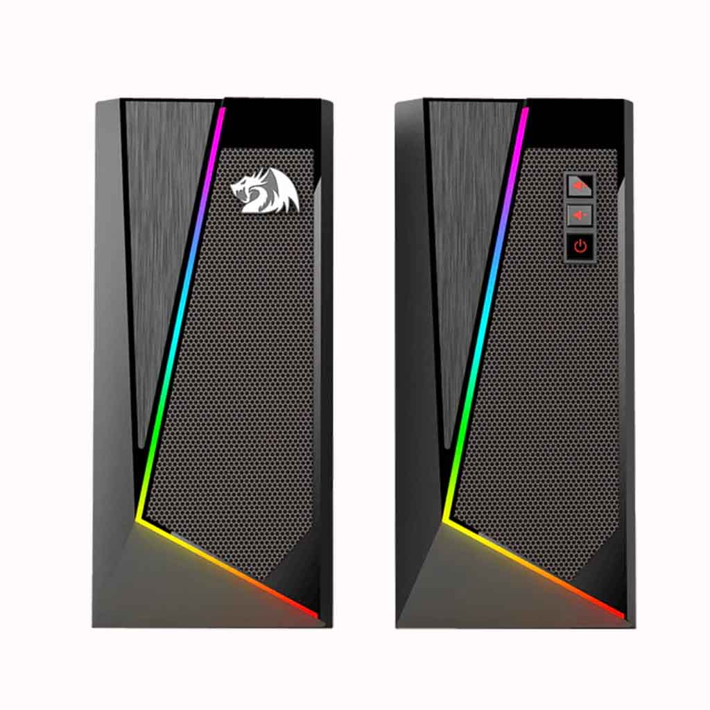 Pair of black Redragon GS520 Anvil RGB gaming speakers with colorful lighting and a Redragon logo with three control buttons