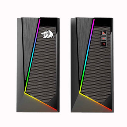 Pair of black Redragon GS520 Anvil RGB gaming speakers with colorful lighting and a Redragon logo with three control buttons