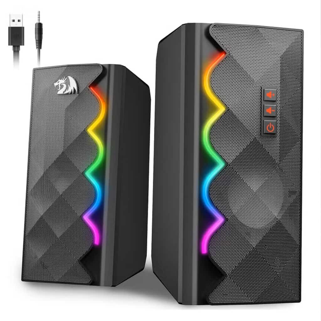 Pair of black Redragon GS522 Cipher RGB gaming speakers with zigzag lighting and included USB and audio cables