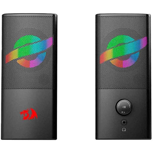 Black computer speakers with colorful logo on a white background