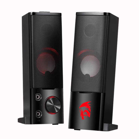 "Pair of black Redragon GS550 Orpheus gaming speakers with red backlighting and a prominent volume knob