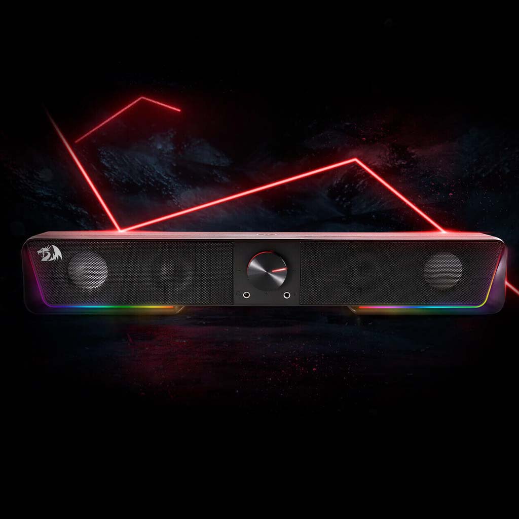 Redragon GS570 Darknets Black RGB Gaming Soundbar with multi-color LED lighting, dual speaker grilles, and central controls