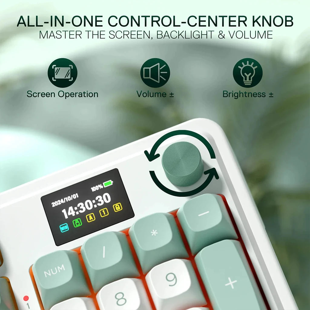 Control center knob with screen operation, volume, and brightness controls on a keyboard.