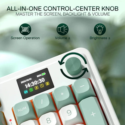 Control center knob with screen operation, volume, and brightness controls on a keyboard.