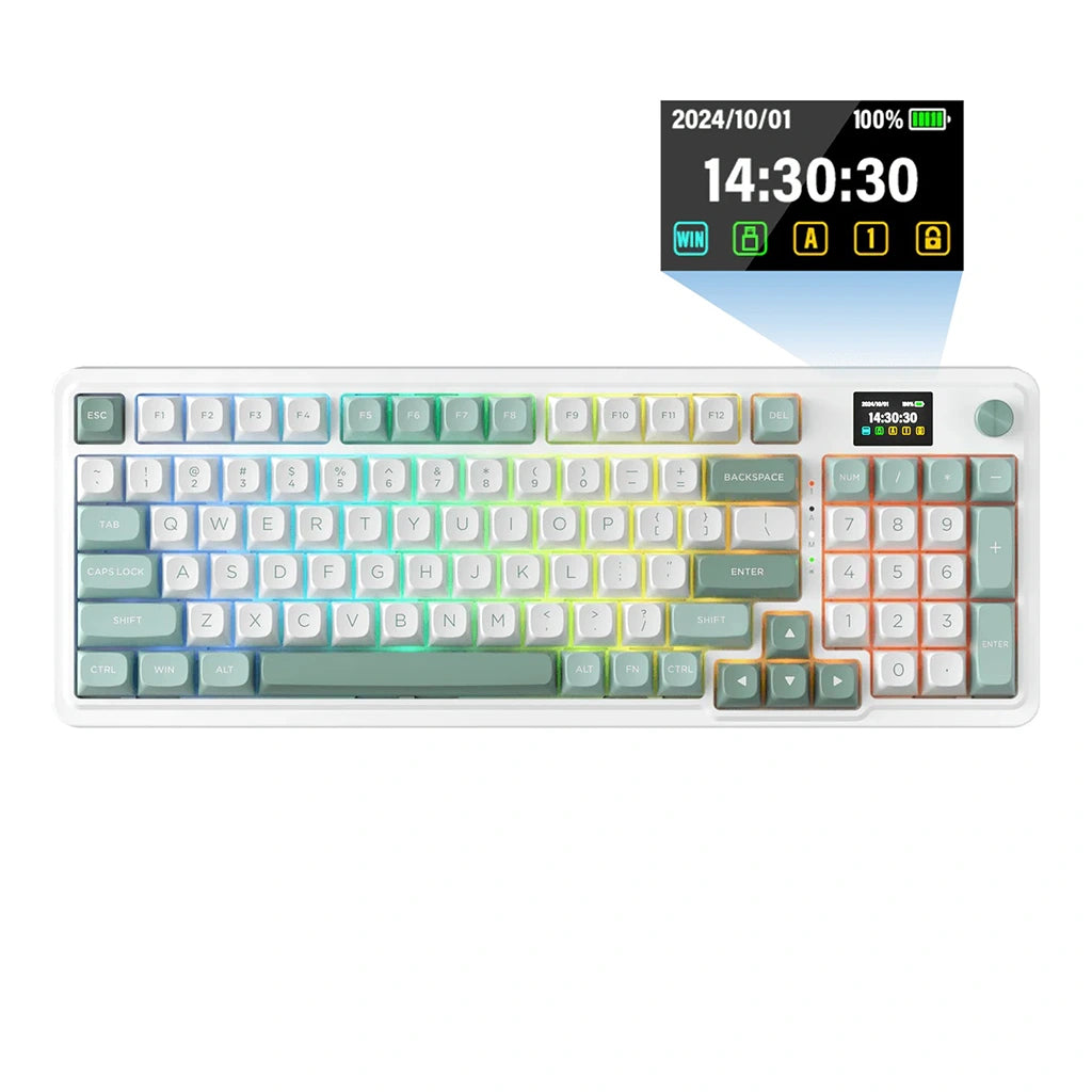 Keyboard with digital display showing date and time on a white background