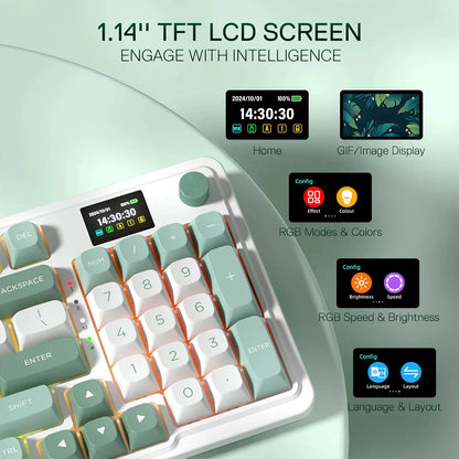 Keyboard with 1.14" TFT LCD screen displaying various functions on a light green background.