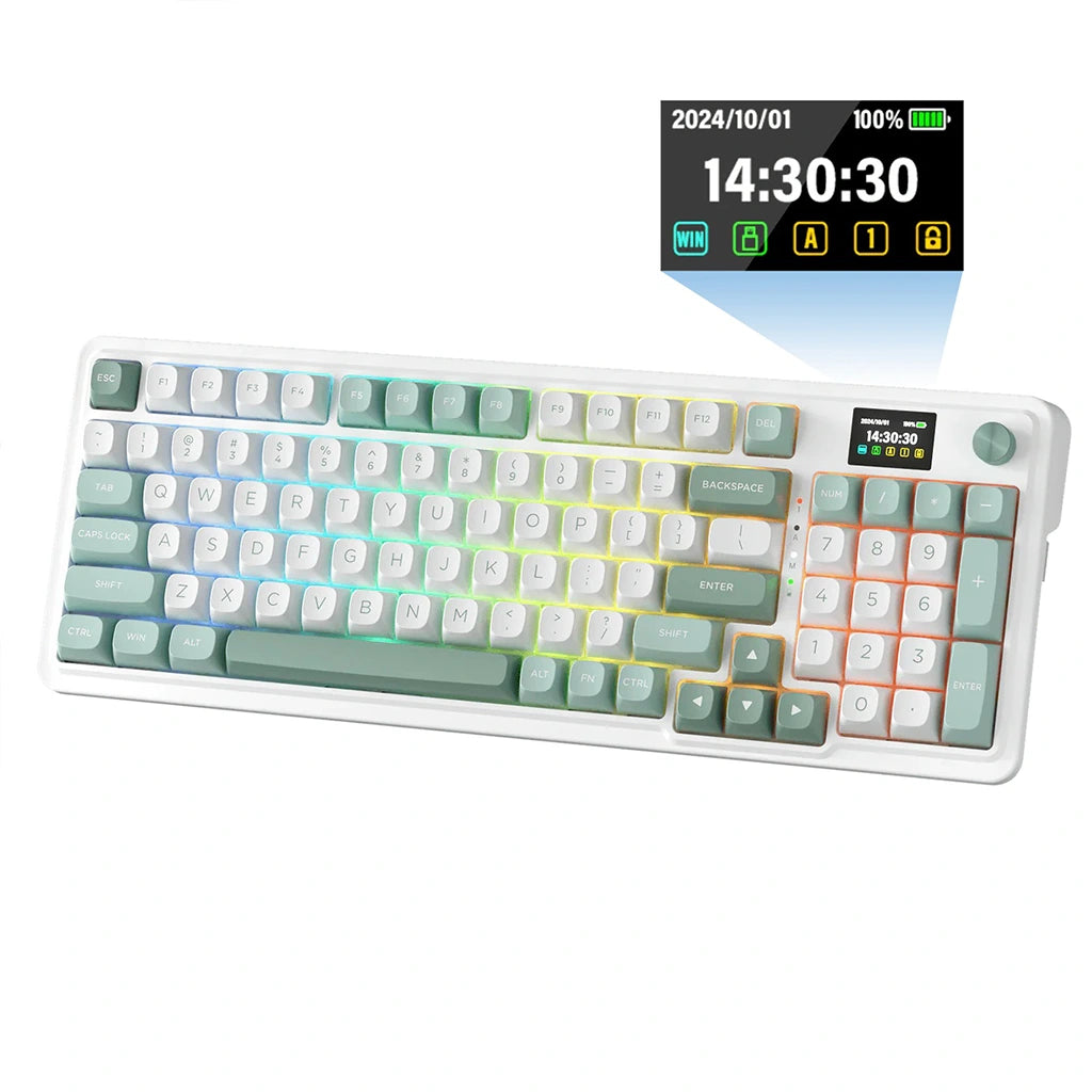 Mechanical keyboard with digital display on a white background