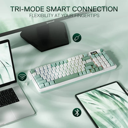 Keyboard with tri-mode smart connection features on a desk setup with laptop and tablet.