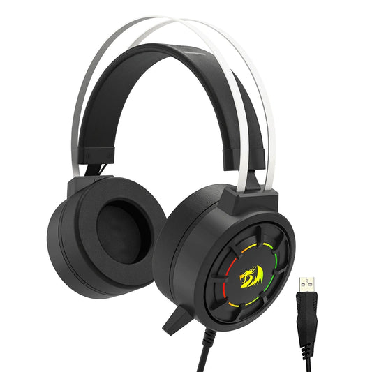 Black gaming headset with USB cable on a white background