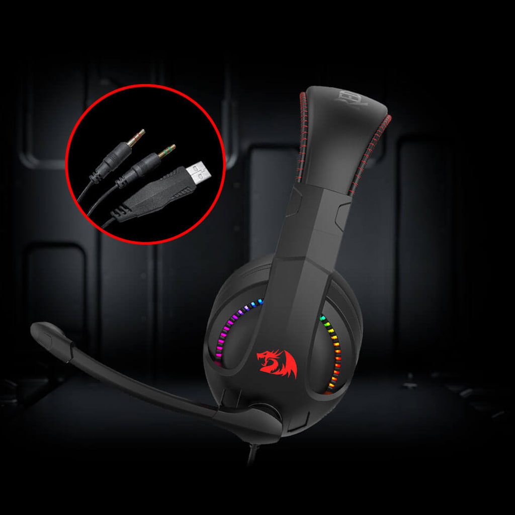 Redragon H211 Cronus black RGB gaming headset with 3.5mm audio/mic and USB power connector
