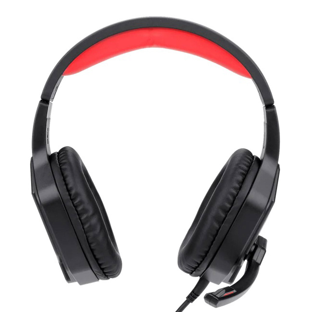 Redragon H220 Themis Gaming Headset with a contrasting red padded headband, featuring cushioned earcups and attached microphone