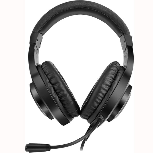 Front view of Redragon H260 Hylas RGB gaming headset showing earcups and microphone
