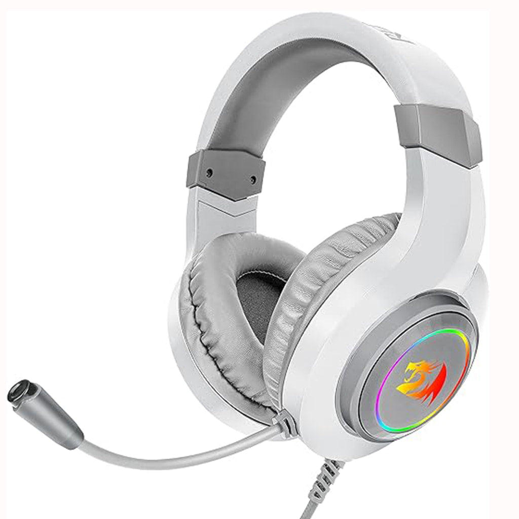 Front view of the Redragon H260W Hylas White RGB wired gaming headset with illuminated earcups and microphone