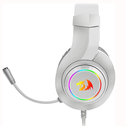 Side view of Redragon H260W Hylas White headset featuring white earcups with customizable RGB lighting, a white headband & microphone