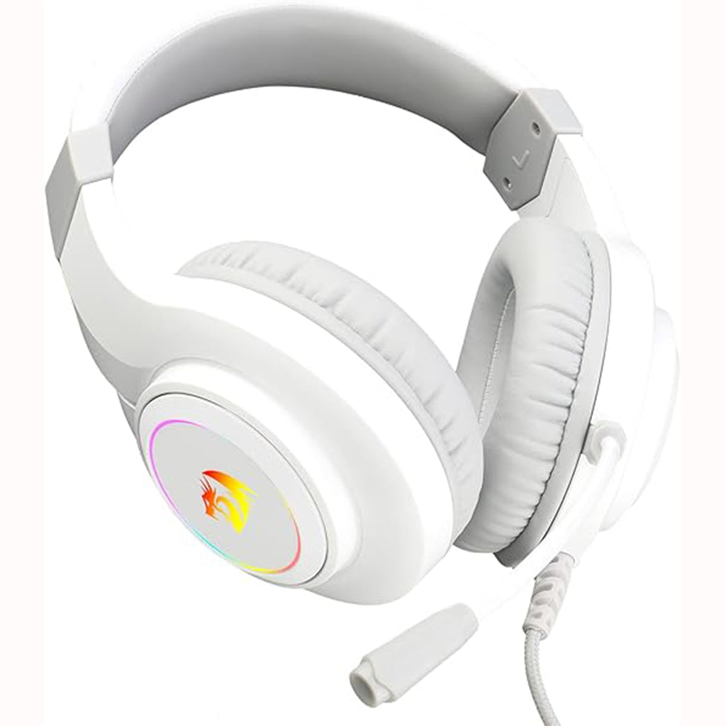 Redragon H260W Hylas White gaming headset featuring RGB lighting on earcups, padded earcups and headband, and a flexible microphone