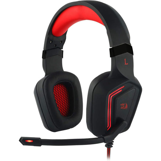 Black gaming headset with red accents on a white background