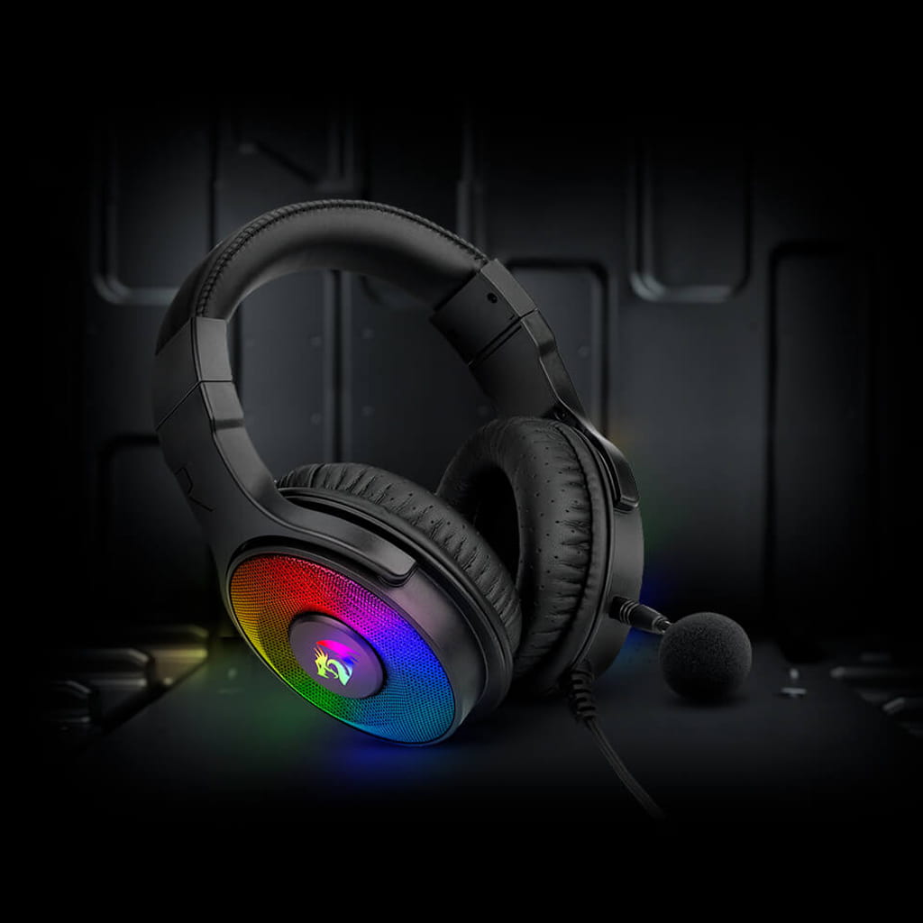 Black Redragon H350 Pandora-2 gaming headset, front view, showcasing colorful RGB illumination on the earcups