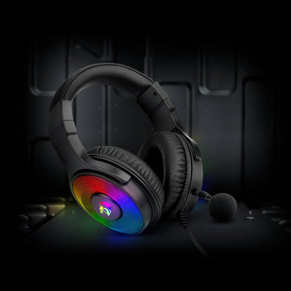 Black Redragon H350 Pandora-2 gaming headset, front view, showcasing colorful RGB illumination on the earcups