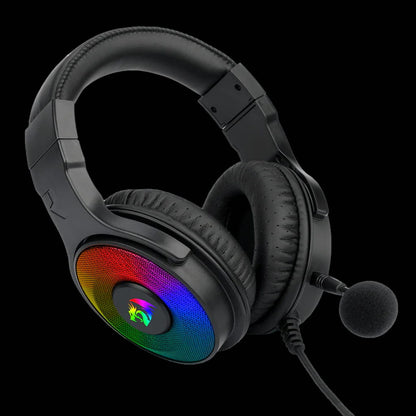 Left side view of the black Redragon H350 gaming headset, showing the earcup with colorful RGB illumination and the attached microphone