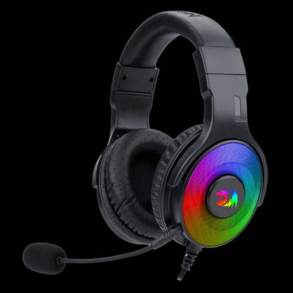 Black Redragon H350 Pandora-2 gaming headset, showing the earcup with colorful RGB illumination and the attached microphone