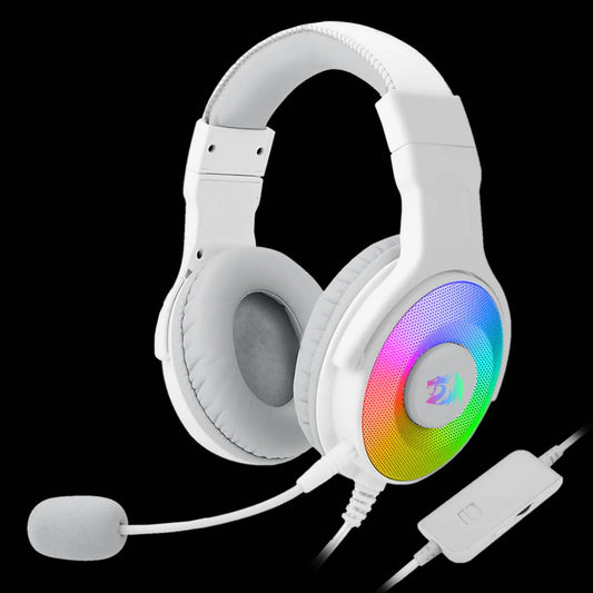 White Redragon H350 gaming headset, showing the earcup with colorful RGB illumination, attached microphone & the in-line remote