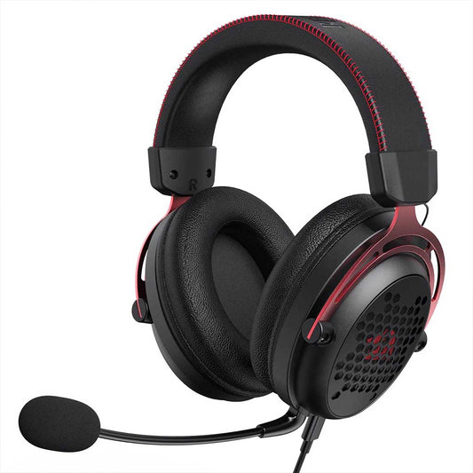 Redragon H386 Diomedes, with a cushioned headband, large circumaural earcups with a mesh design, and a detachable microphone