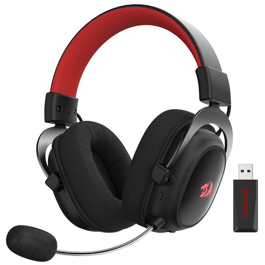 Black gaming headset with red accents and a USB adapter on a white background