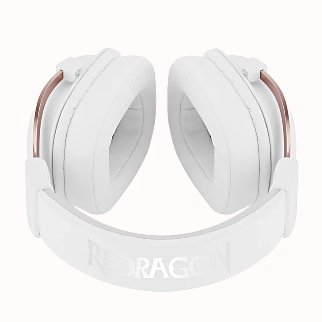 Back view of the white Redragon H510 Zeus gaming headset showing the Redragon logo on the headband