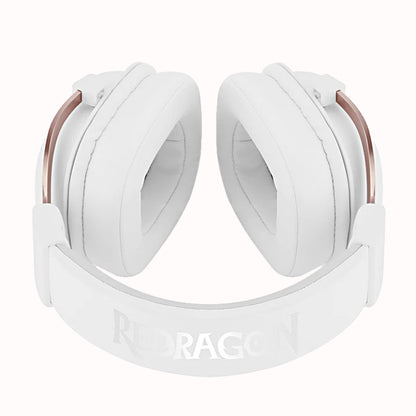 Back view of the white Redragon H510 Zeus gaming headset showing the Redragon logo on the headband