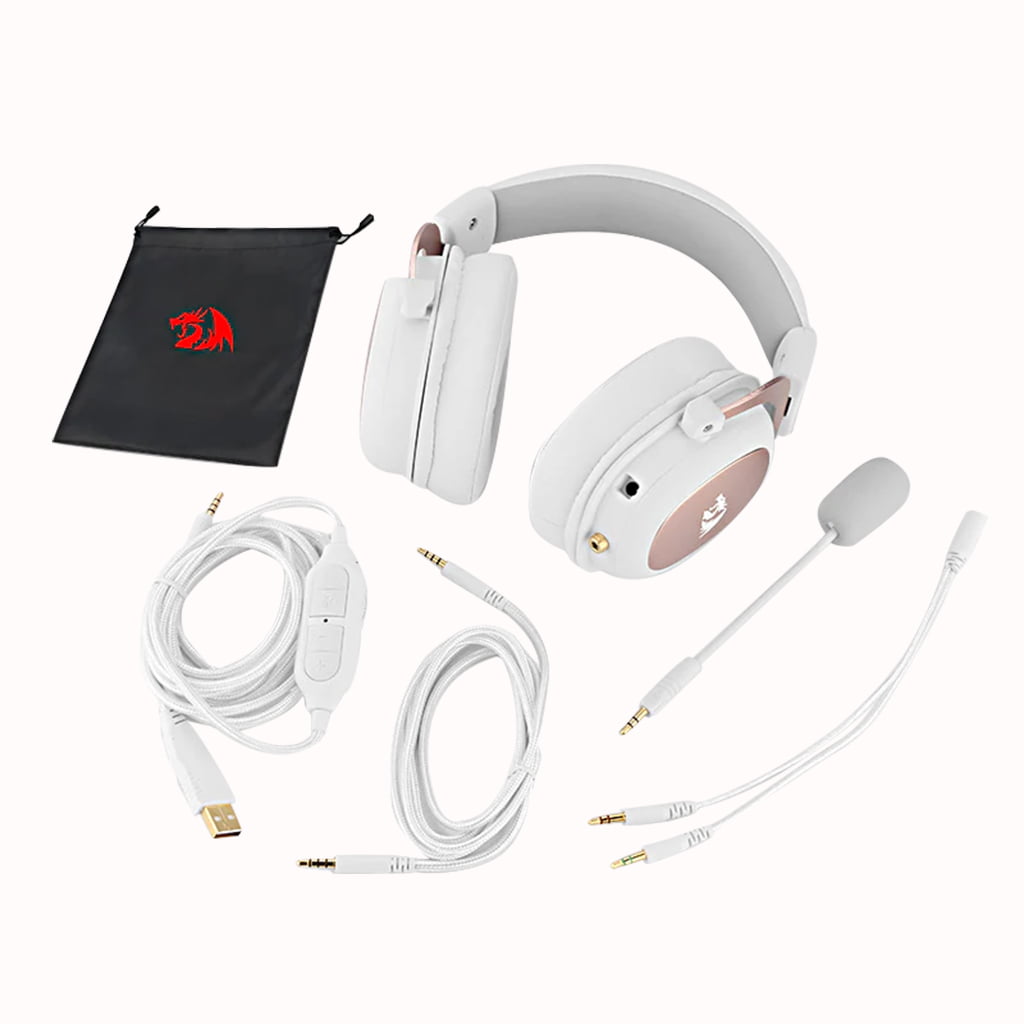 White Redragon H510 Zeus gaming headset shown with detachable microphone, white cables, and carrying pouch