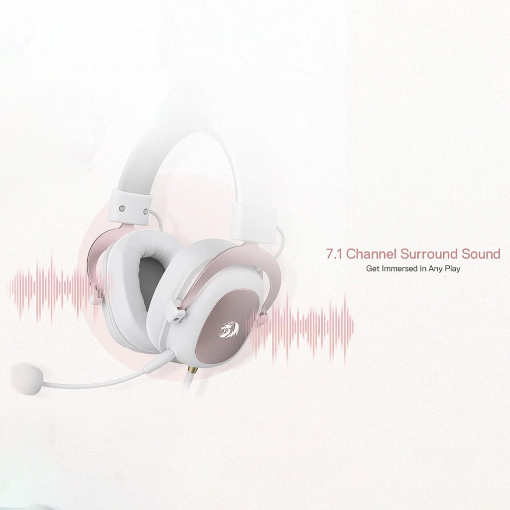 Image of the white Redragon H510 Zeus headset with graphic elements and text promoting 7.1 Channel Surround Sound