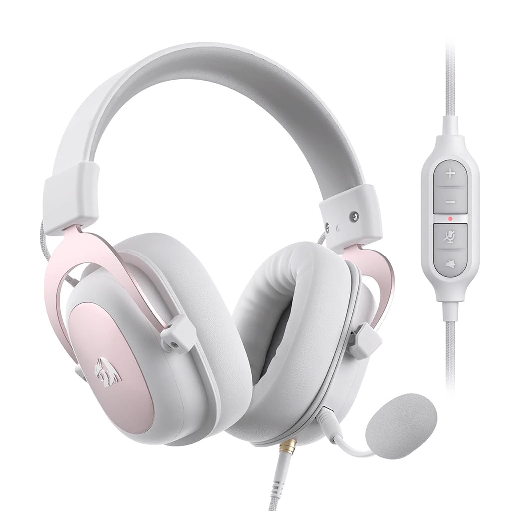 Front view of the white Redragon H510 Zeus headset, showing the attached microphone and the in-line remote