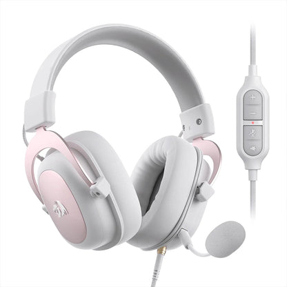 Front view of the white Redragon H510 Zeus headset, showing the attached microphone and the in-line remote
