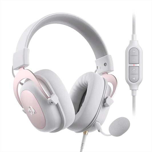 Front view of the white Redragon H510 Zeus headset, showing the attached microphone and the in-line remote