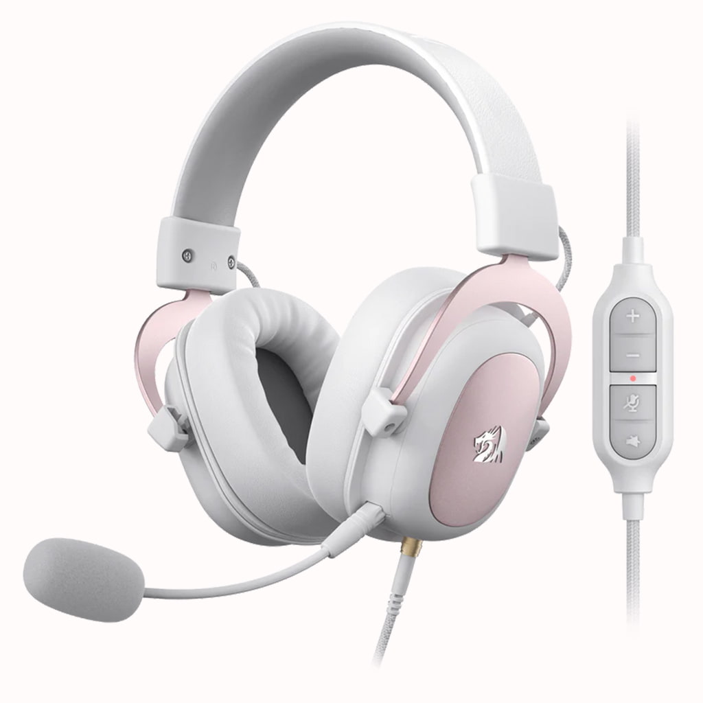 Angled front view of the white Redragon H510 Zeus gaming headset with microphone and in-line control