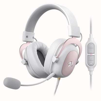Angled front view of the white Redragon H510 Zeus gaming headset with microphone and in-line control