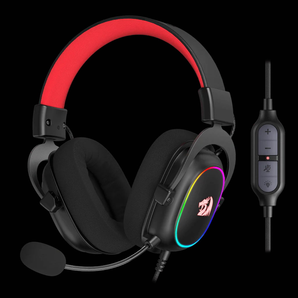Redragon H510 Zeus-X RGB black and red gaming headset with RGB lighting on earcups, shown with its in-line remote