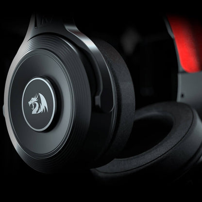 Redragon H818 Pelops black gaming headset earcup showing material texture and logo