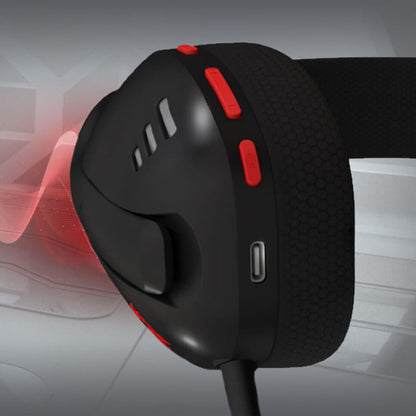 Close-up view of the black Redragon H848 wireless headset right earcup with volume buttons and USB-C charging port