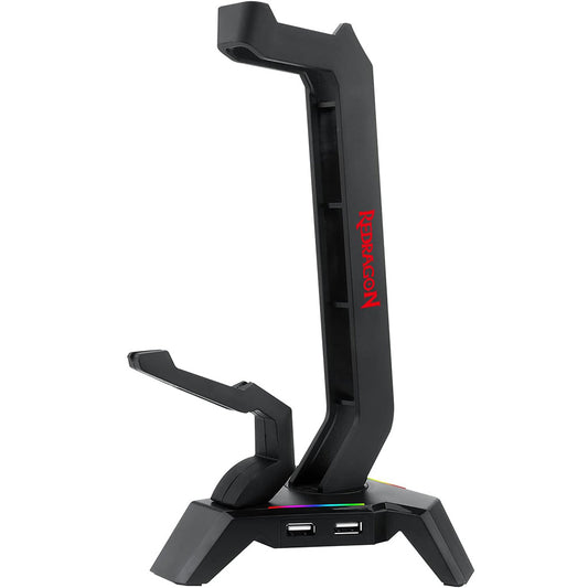 Black gaming headset stand with RGB lighting on a white background