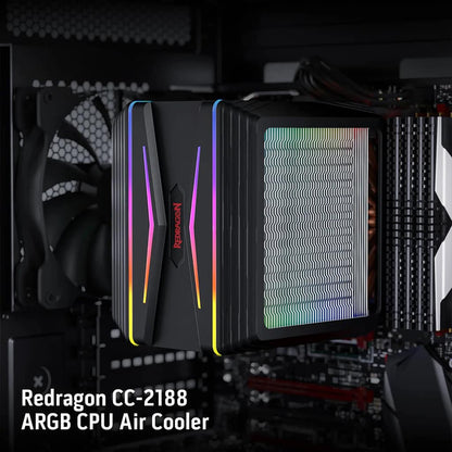 Redragon CC-2188 ARGB CPU air cooler installed in a PC case, featuring vibrant RGB lighting and a sleek design among components.