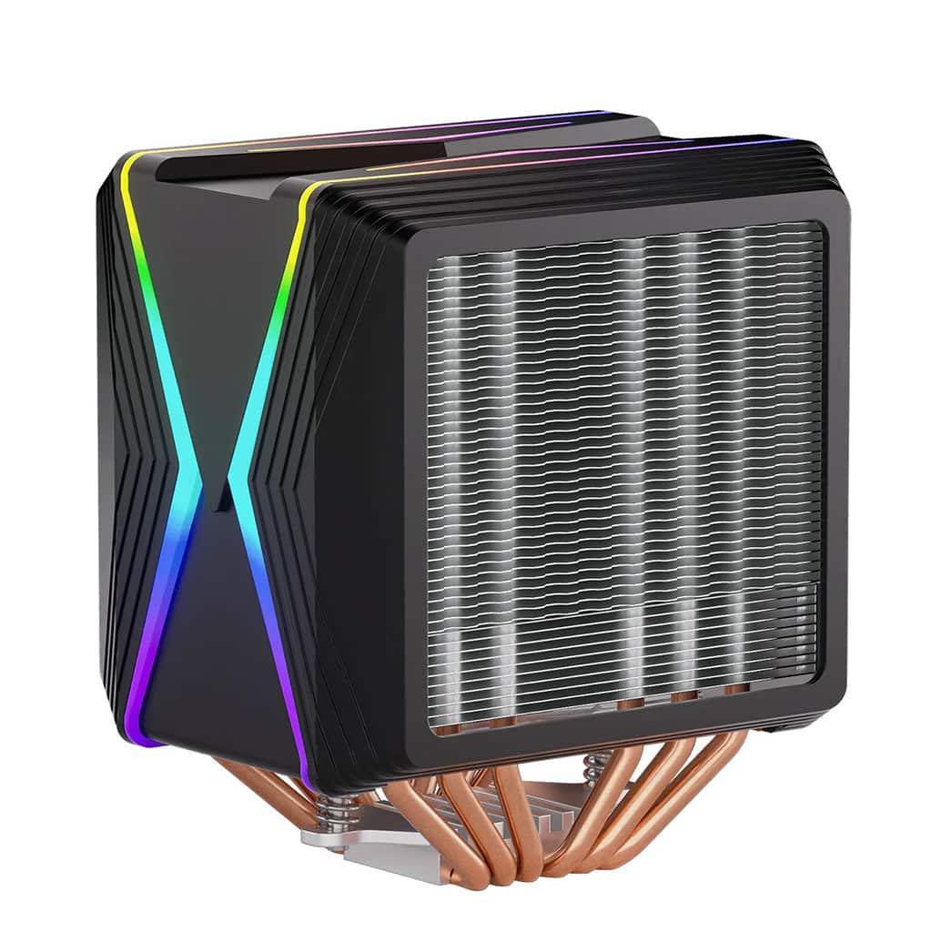 A Redragon CC-2188 ARGB Dual Tower CPU Air Cooler featuring a vibrant rainbow-colored design on a white background