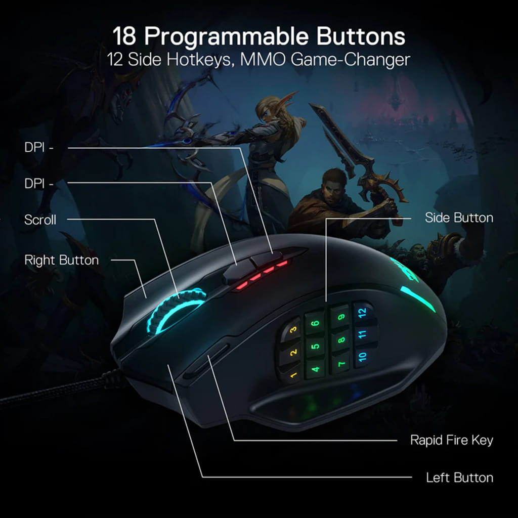 Redragon Impact M908 Black RGB mouse showing its 18 programmable buttons, including the 12 side hotkeys