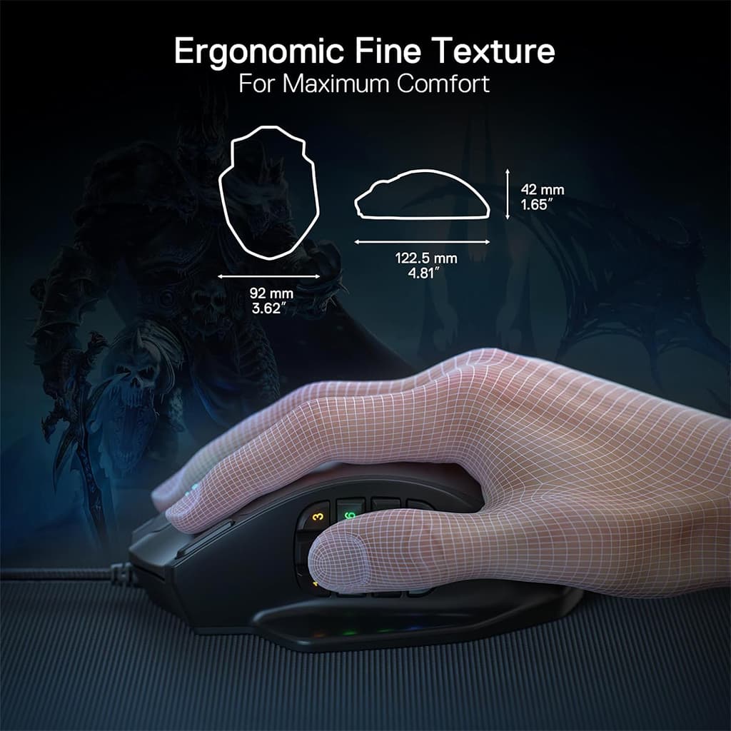 Redragon Impact M908 Black gaming mouse with a wireframe hand overlay, demonstrating its Ergonomic 
