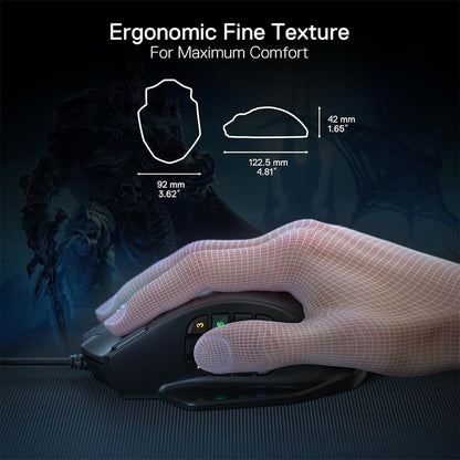 Redragon Impact M908 Black gaming mouse with a wireframe hand overlay, demonstrating its Ergonomic 
