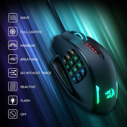 Redragon Impact M908 Black mouse displaying different customizable lighting modes including Wave, Rainbow, Breathing & Reactive