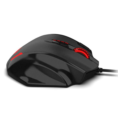 Redragon Impact M908 Black RGB gaming mouse showing the ergonomic shape, top buttons, logo, and vibrant red RGB lighting
