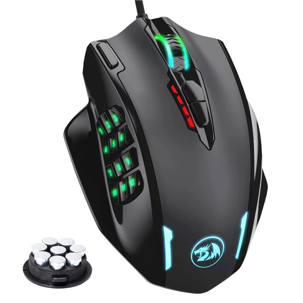 Black Redragon M908 wired RGB gaming mouse featuring 12 programmable buttons, customizable RGB lighting, ergonomic design & a removable weight 